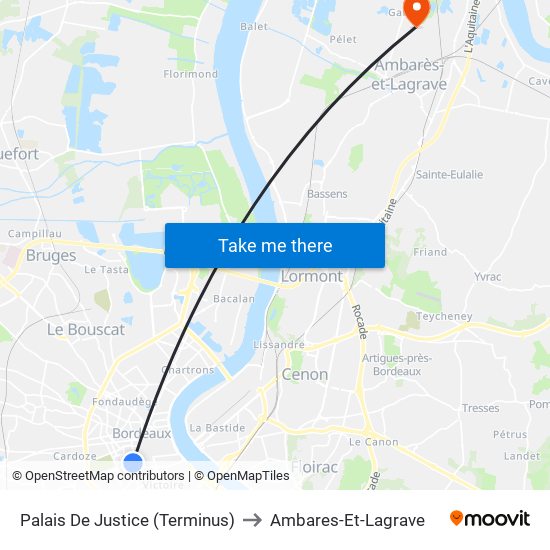 Palais De Justice (Terminus) to Ambares-Et-Lagrave map