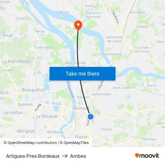 Artigues-Pres-Bordeaux to Ambes map