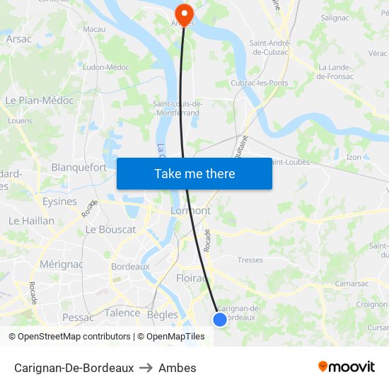 Carignan-De-Bordeaux to Ambes map
