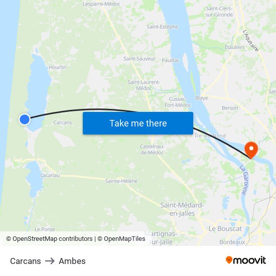 Carcans to Ambes map
