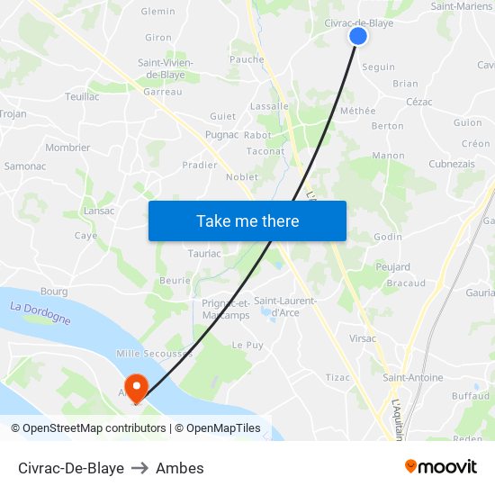 Civrac-De-Blaye to Ambes map