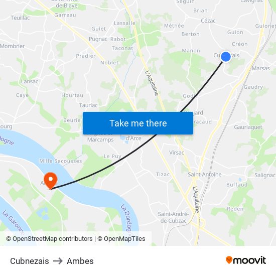 Cubnezais to Ambes map