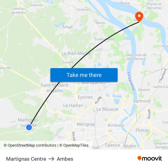 Martignas Centre to Ambes map