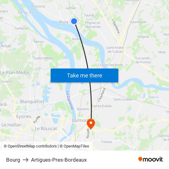 Bourg to Artigues-Pres-Bordeaux map