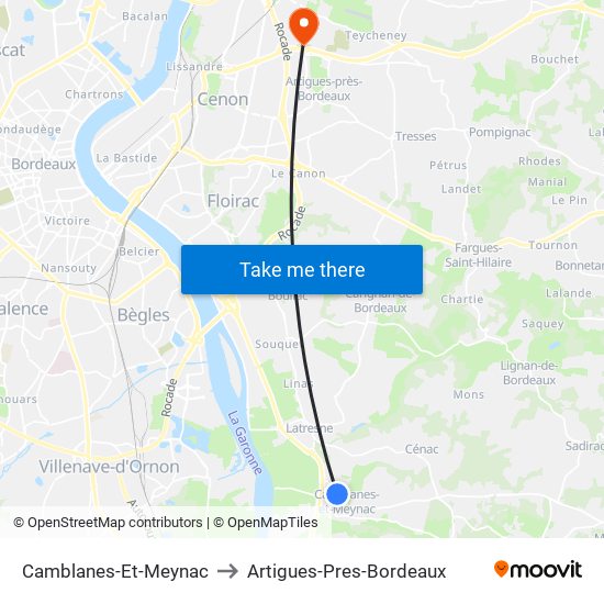 Camblanes-Et-Meynac to Artigues-Pres-Bordeaux map