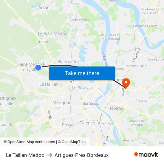 Le Taillan-Medoc to Artigues-Pres-Bordeaux map