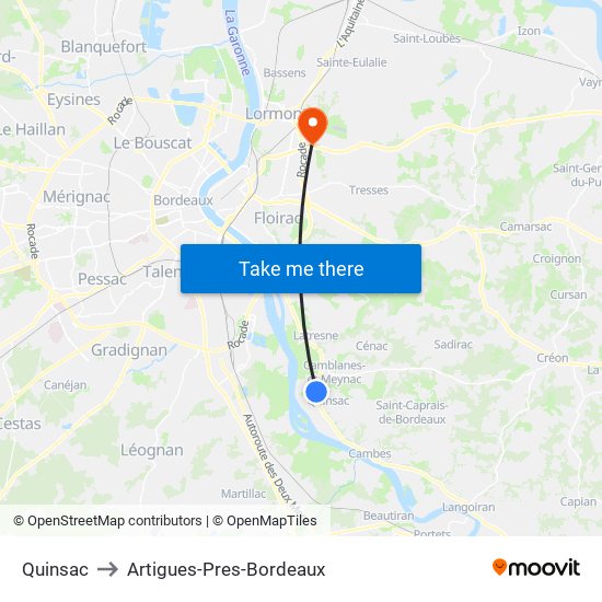 Quinsac to Artigues-Pres-Bordeaux map