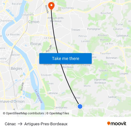 Cénac to Artigues-Pres-Bordeaux map