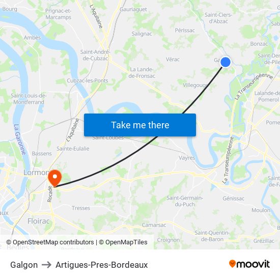 Galgon to Artigues-Pres-Bordeaux map