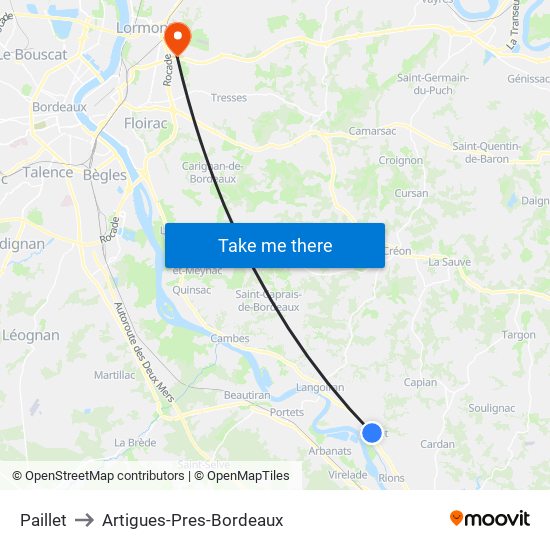 Paillet to Artigues-Pres-Bordeaux map