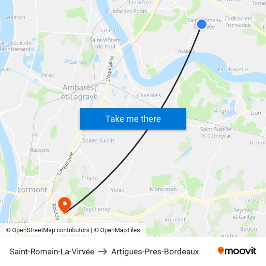 Saint-Romain-La-Virvée to Artigues-Pres-Bordeaux map