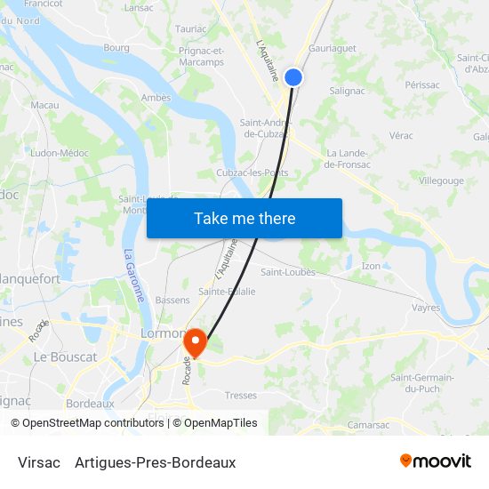 Virsac to Artigues-Pres-Bordeaux map