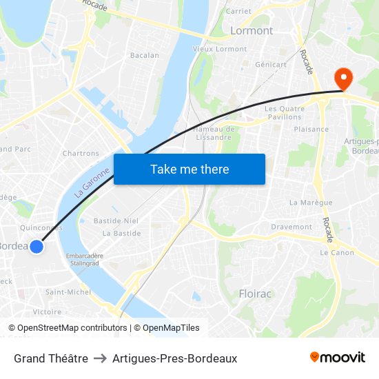 Grand Théâtre to Artigues-Pres-Bordeaux map