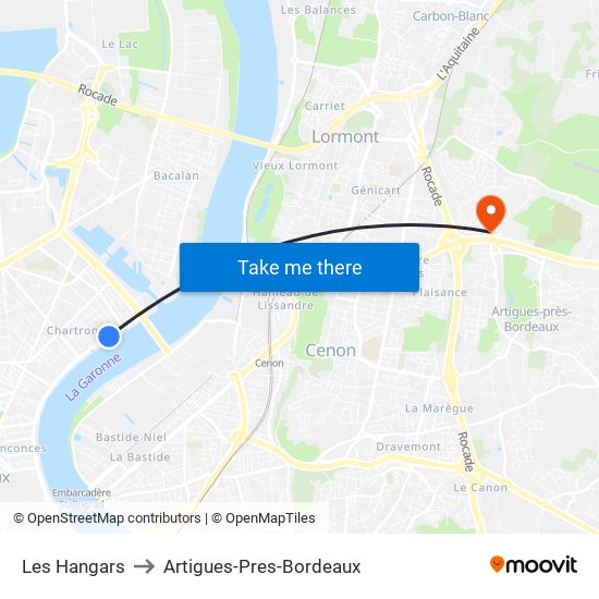 Les Hangars to Artigues-Pres-Bordeaux map