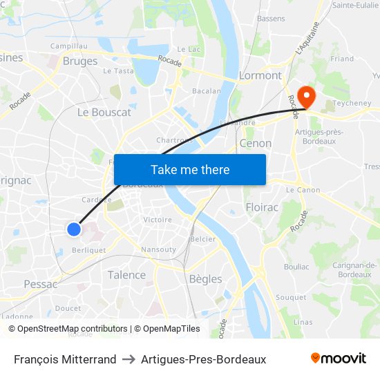 François Mitterrand to Artigues-Pres-Bordeaux map