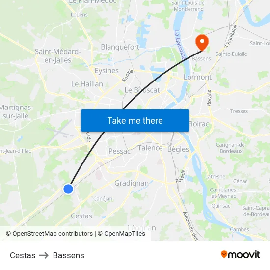 Cestas to Bassens map