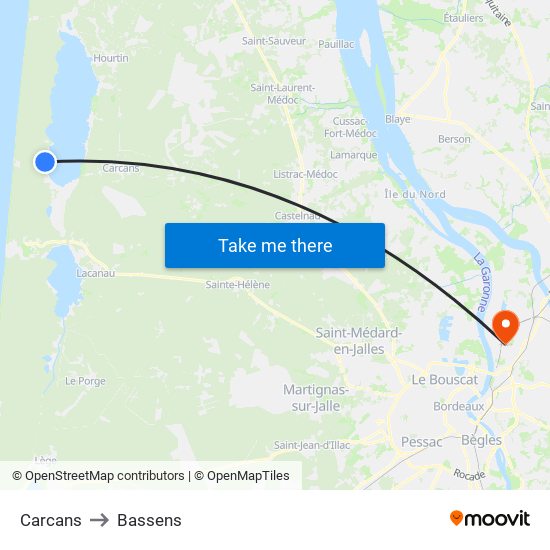 Carcans to Bassens map