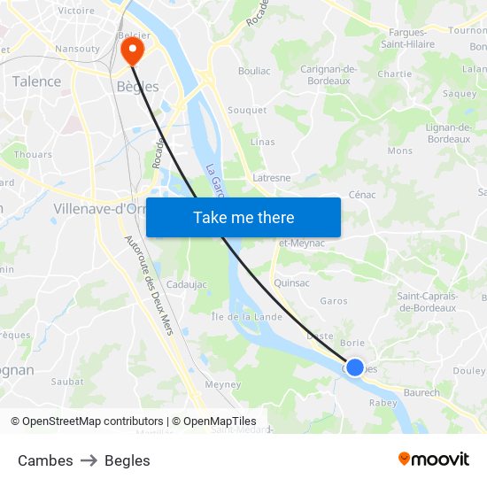 Cambes to Begles map