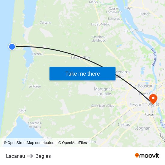 Lacanau to Begles map