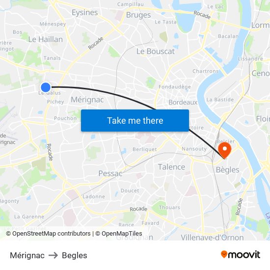 Mérignac to Begles map