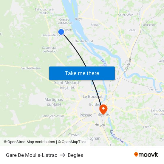 Gare De Moulis-Listrac to Begles map