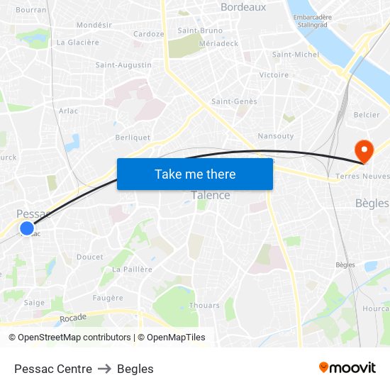 Pessac Centre to Begles map
