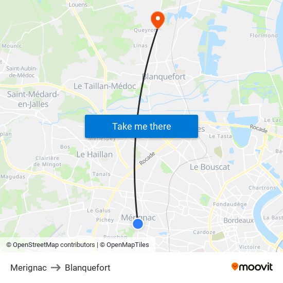 Merignac to Blanquefort map