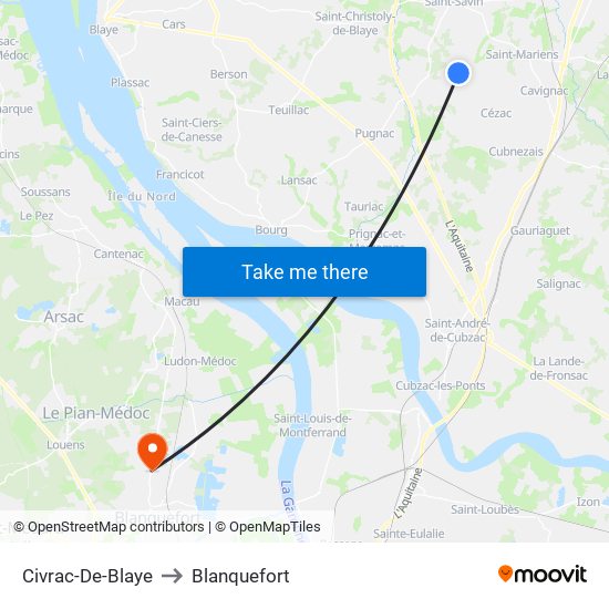 Civrac-De-Blaye to Blanquefort map
