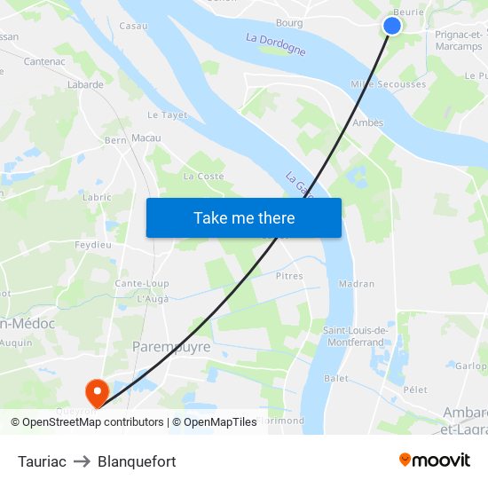 Tauriac to Blanquefort map