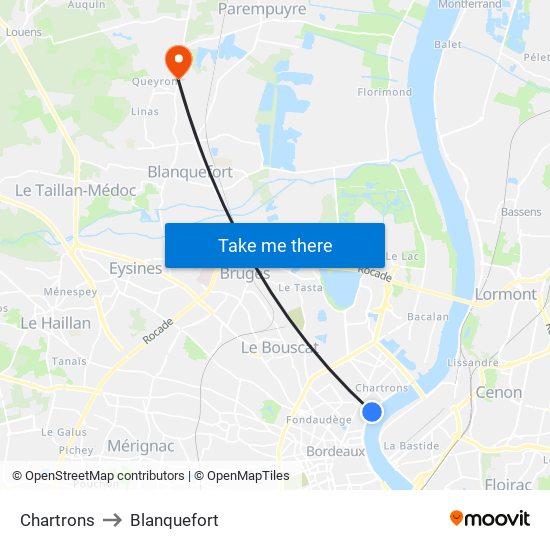 Chartrons to Blanquefort map