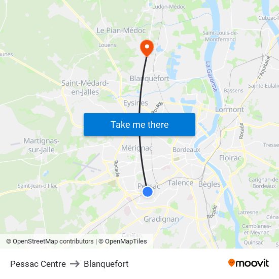 Pessac Centre to Blanquefort map