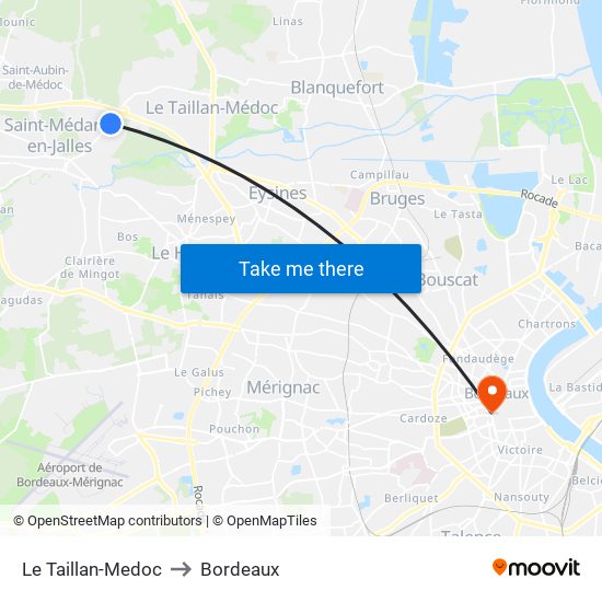 Le Taillan-Medoc to Bordeaux map