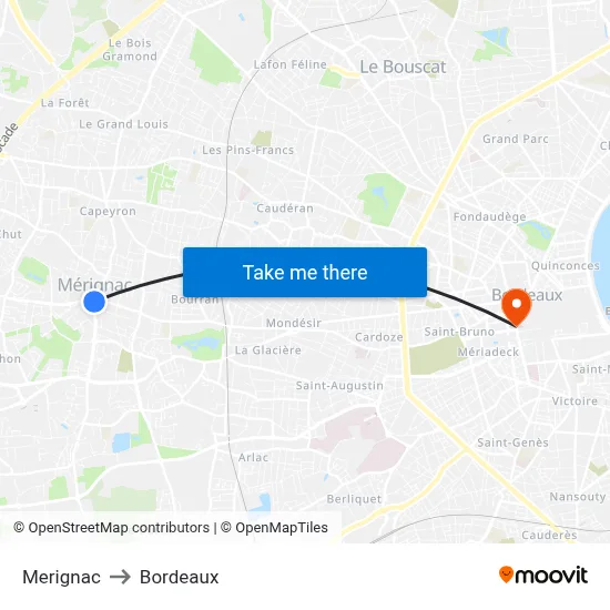 Merignac to Bordeaux map