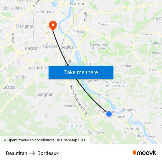 Beautiran to Bordeaux map