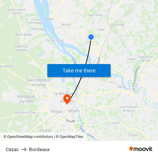 Cézac to Bordeaux map