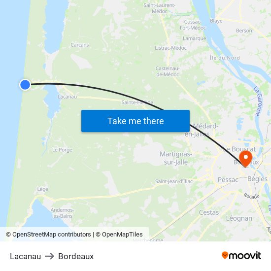 Lacanau to Bordeaux map