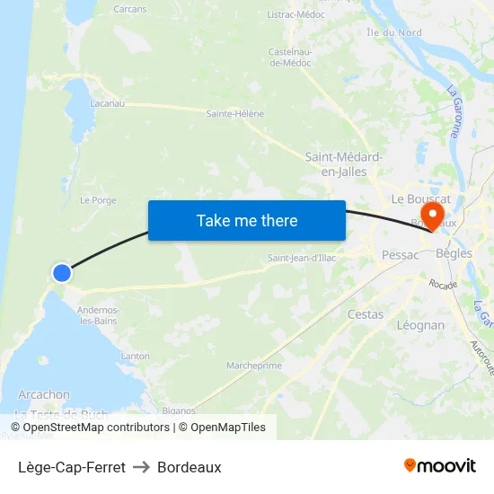 Lège-Cap-Ferret to Bordeaux map