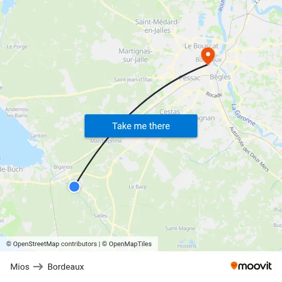 Mios to Bordeaux map