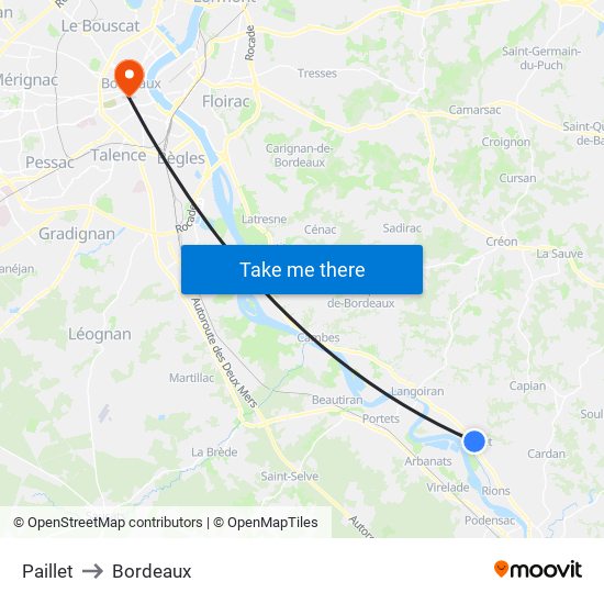 Paillet to Bordeaux map