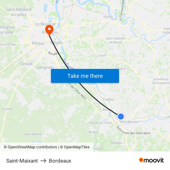 Saint-Maixant to Bordeaux map