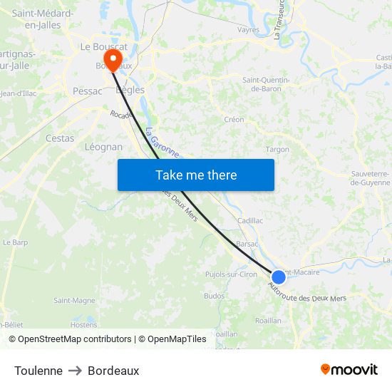 Toulenne to Bordeaux map