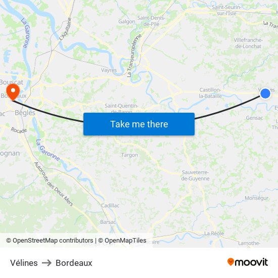 Vélines to Bordeaux map