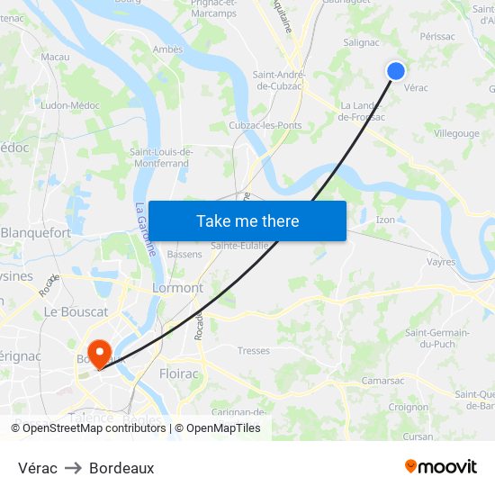 Vérac to Bordeaux map