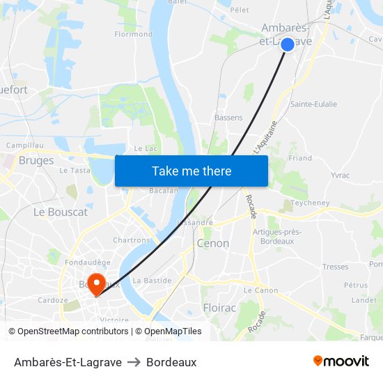 Ambarès-Et-Lagrave to Bordeaux map