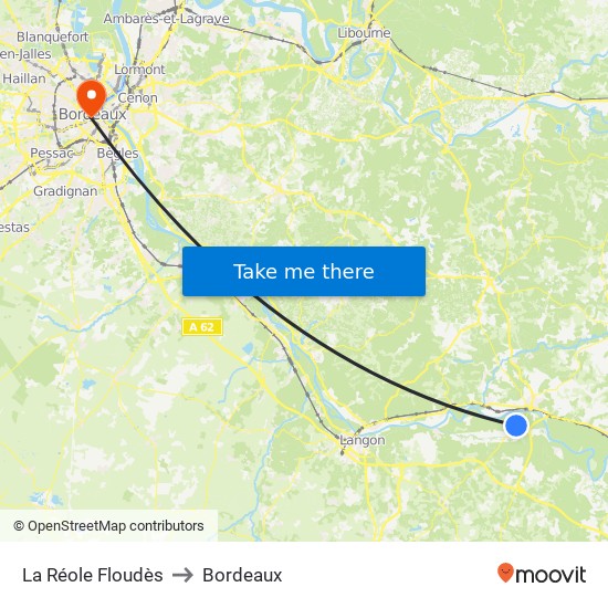 La Réole Floudès to Bordeaux map