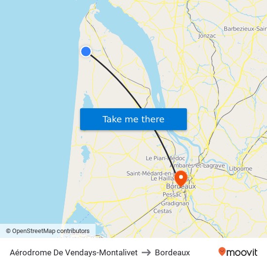 Aérodrome De Vendays-Montalivet to Bordeaux map