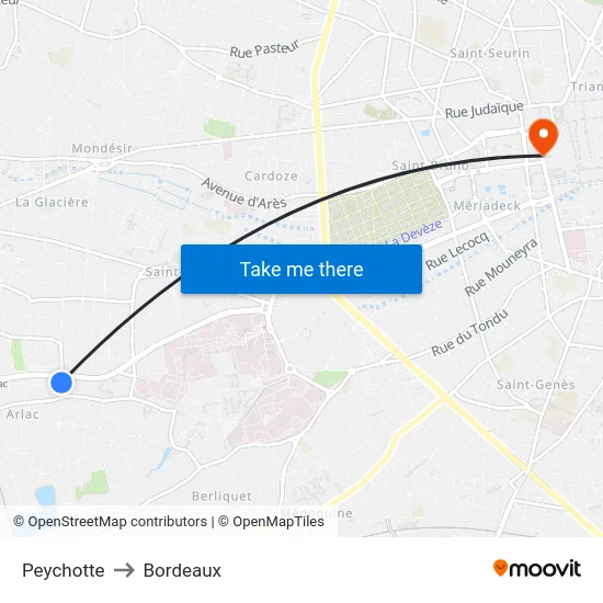 Peychotte to Bordeaux map