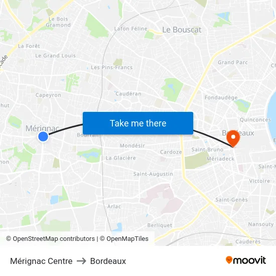 Mérignac Centre to Bordeaux map