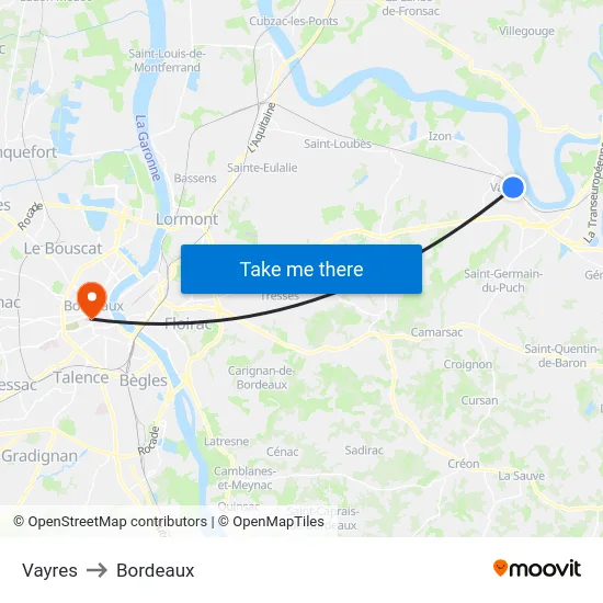 Vayres to Bordeaux map