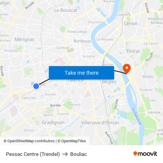Pessac Centre (Trendel) to Bouliac map